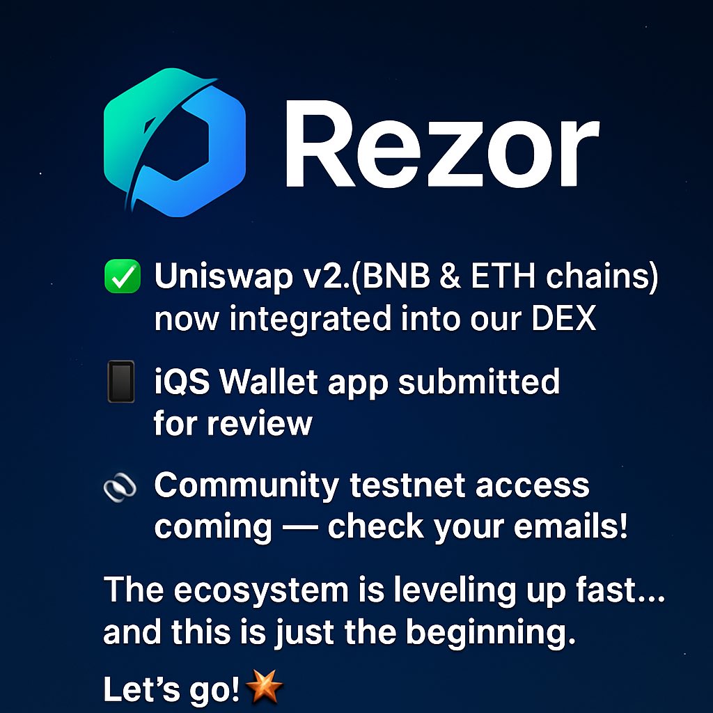 Uniswap BNB + ETH chain integration is now live in our DEX (v2). 

iOS app submitted for review, and the testnet already open for some of the community .

The progress is real, the momentum is building, and the future looks brighter every step.

🚀🚀🚀🚀

#ReZor #DeFi #Crypto