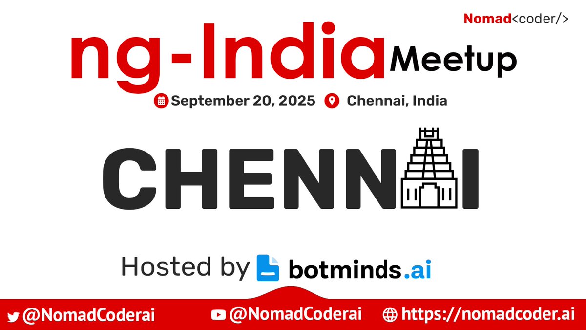 nomadcoderai's tweet image. We are excited to host #ngIndia Chennai Meet-up. You are invited to attend.
📆 20 September 2025
📍 Chennai
⏰ 10 AM to 3 PM
Agenda and Speakers' details are coming soon. To attend DM me 🙏
Thanks, @BotmindsAI , for sponsoring this meet-up ❤️
#angular #web #nomadcoder