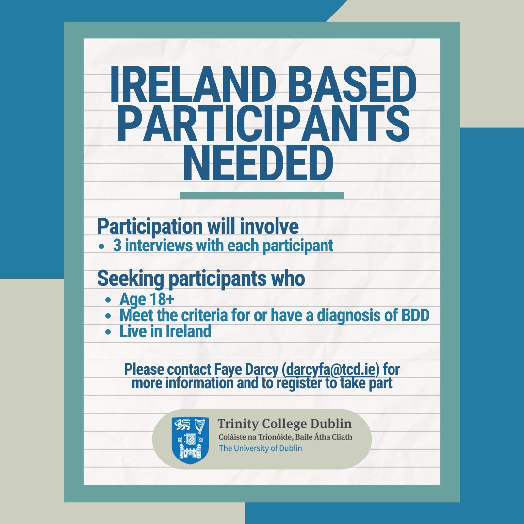🔎 Researchers at Trinity College Dublin are exploring the experiences of individuals with BDD

Participation involves 3 interviews with the hope to develop a better understanding of what it's like for people who struggle with BDD

 📩darcyfa@tcd.ie for more info &amp; to take part