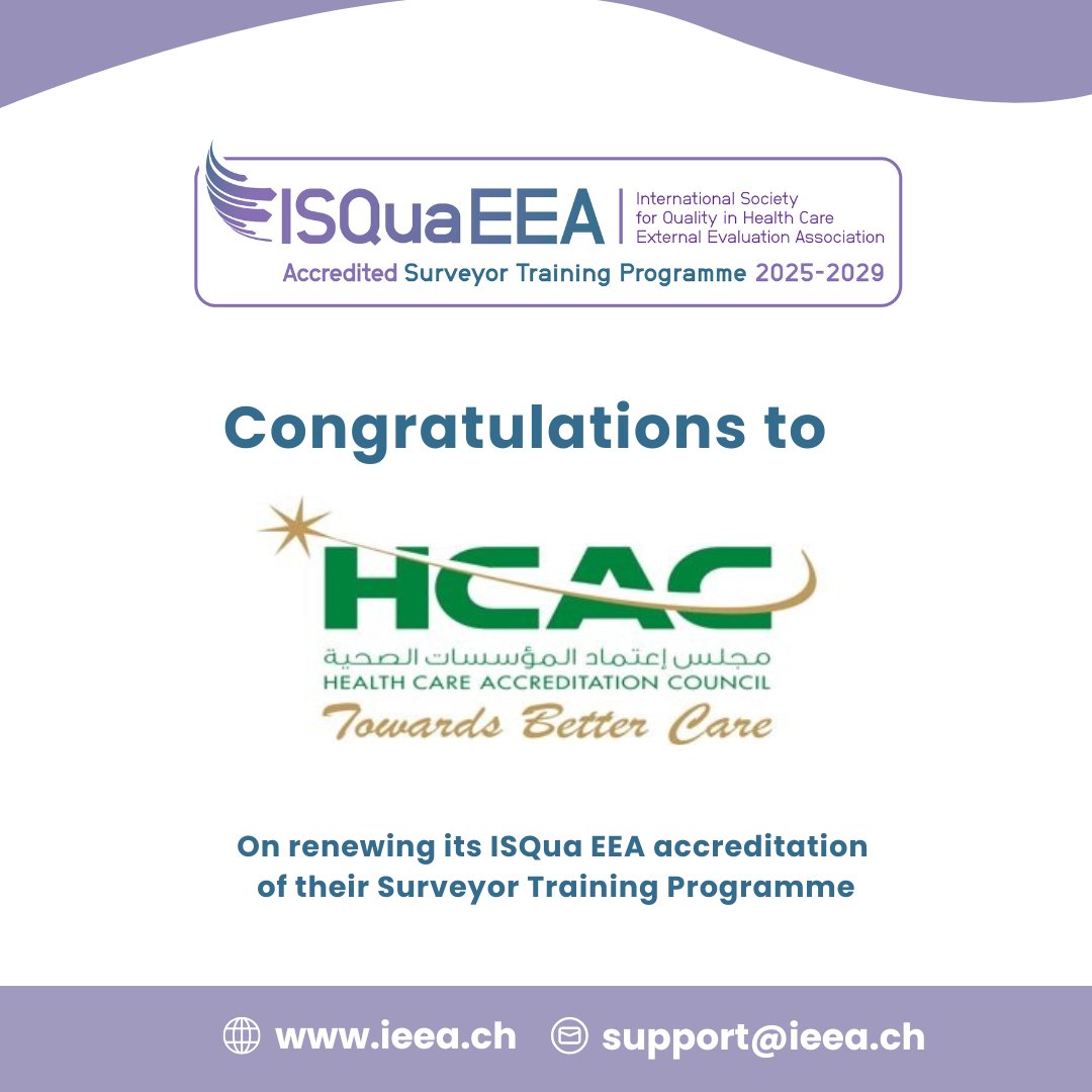 Excited to announce that Health Care Accreditation Council (HCAC) has successfully renewed its ISQua EEA accreditation of their Surveyor Training Programme. Congratulations to their team for this  accomplishment! 🤝

🔗 Find out more about our Programmes ieea.ch