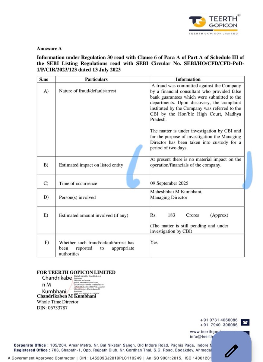 MD Arrested, Orders are revoked, Wealth Destruction happened But Company is saying There is no material impact on the financials &amp; operations of the company.

Shame on for such cheaters, scammers! All the years of work is vanished for greed!