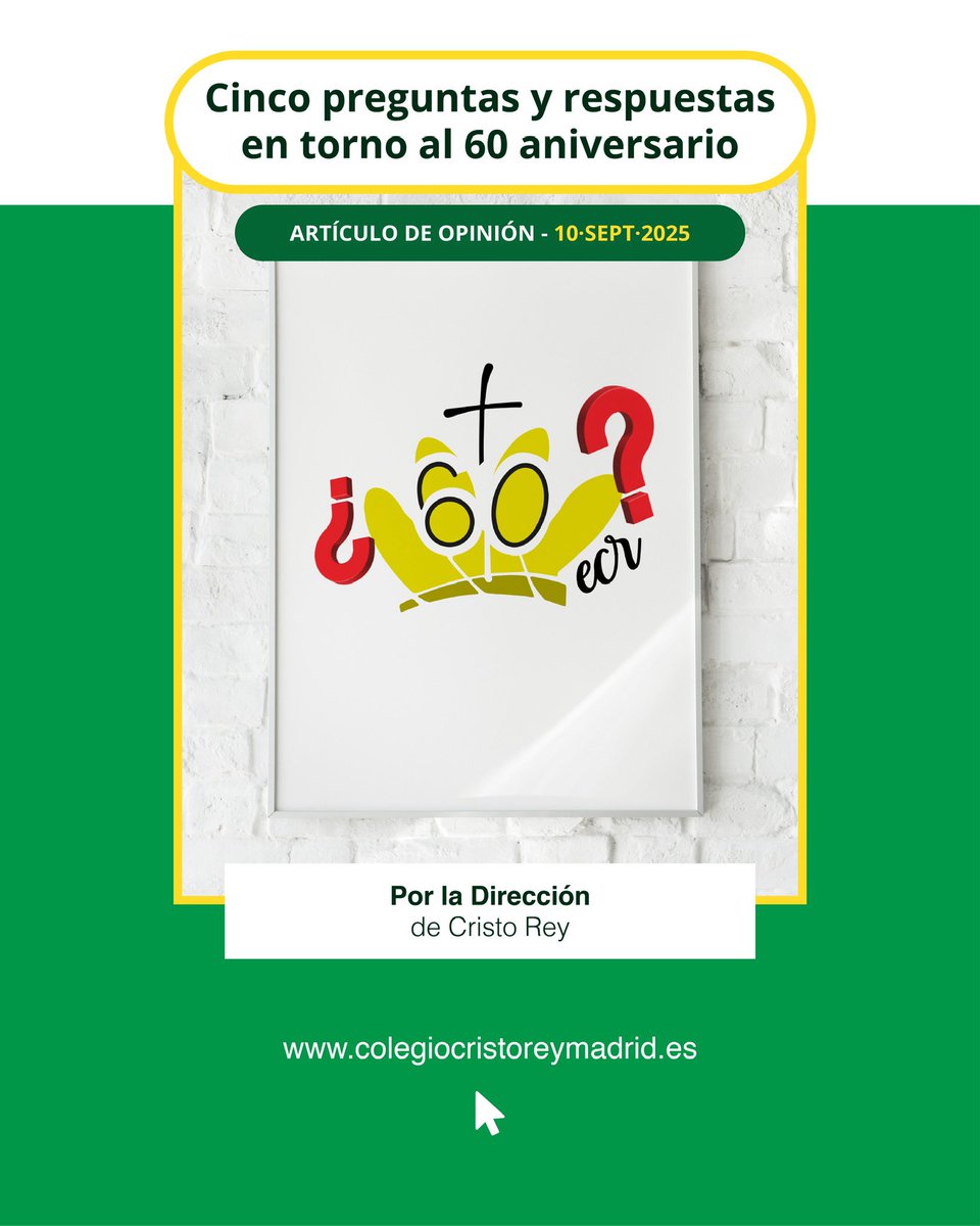 ✍🏻 ¡Nuevo artículo disponible en nuestra web!

🟢 Cinco preguntas y respuestas en torno al 60 aniversario
👤 Por la Dirección de Cristo Rey

colegiocristoreymadrid.es/cinco-pregunta…

#CCREY
