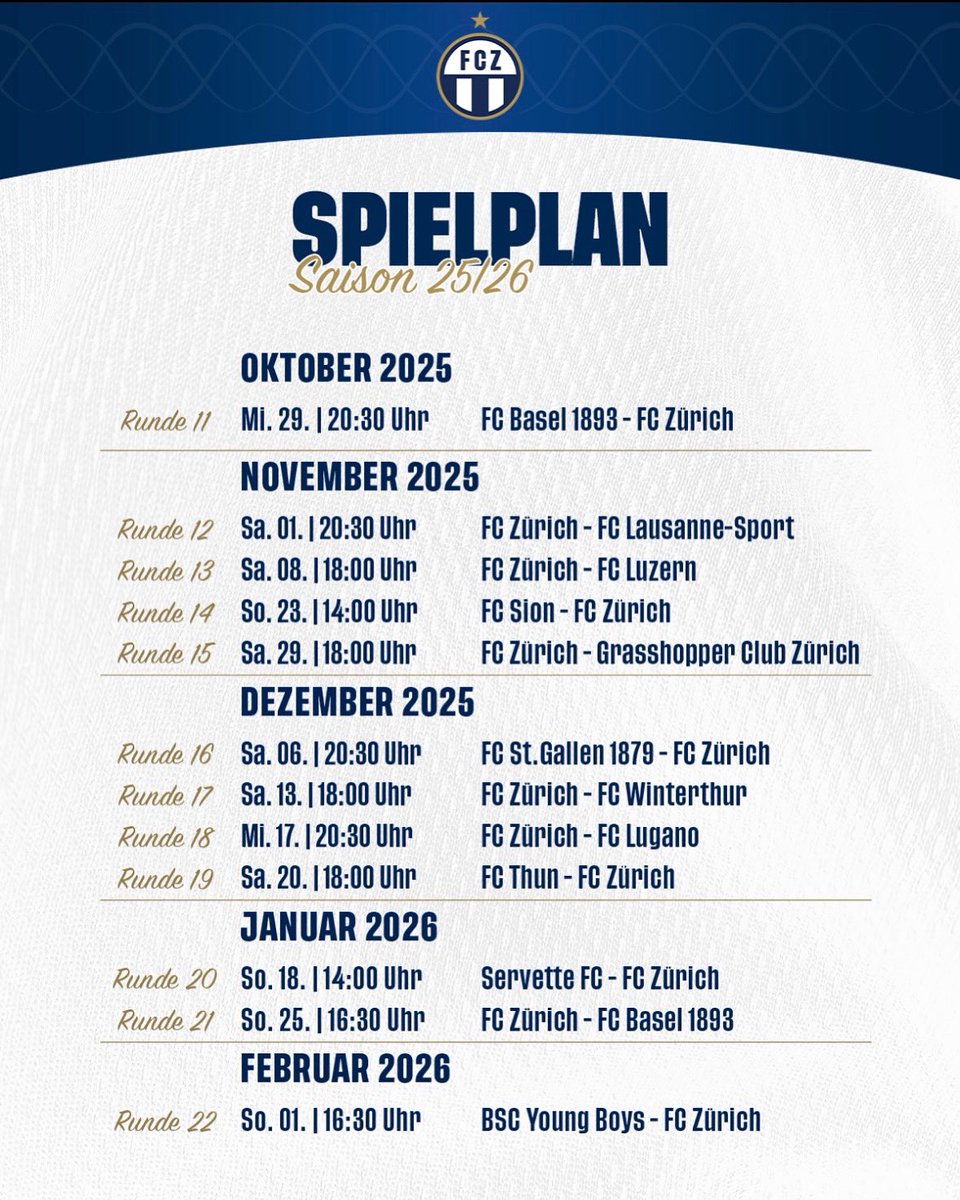 𝐃𝐞𝐫 𝐒𝐩𝐢𝐞𝐥𝐩𝐥𝐚𝐧 𝐟𝐮̈𝐫 𝐝𝐢𝐞 𝐑𝐮𝐧𝐝𝐞𝐧 𝟏𝟏-𝟐𝟐 𝐢𝐬𝐭 𝐝𝐚 📆

#fcz