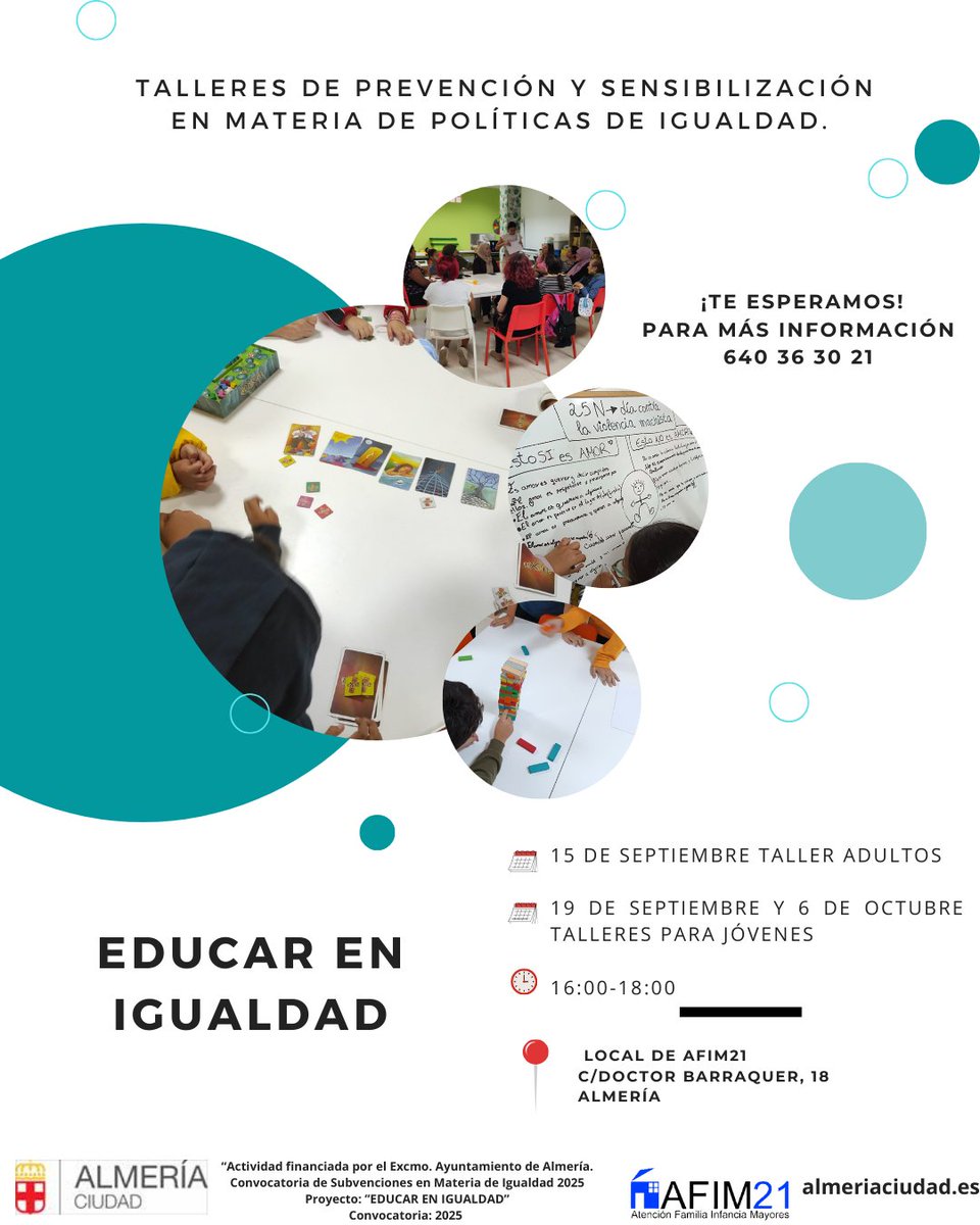 EDUCAR EN IGUALDAD🧠
Este proyecto está pensado para ti y para toda tu familia: actividad esta compuesta por talleres de prevención y sensibilización en educación de valores y convivencia y promoción en valores en materia de Políticas de igualdad.
<a href="/aytoalm/">Ayuntamiento de Almería</a> 
#AlmeríaCiudad