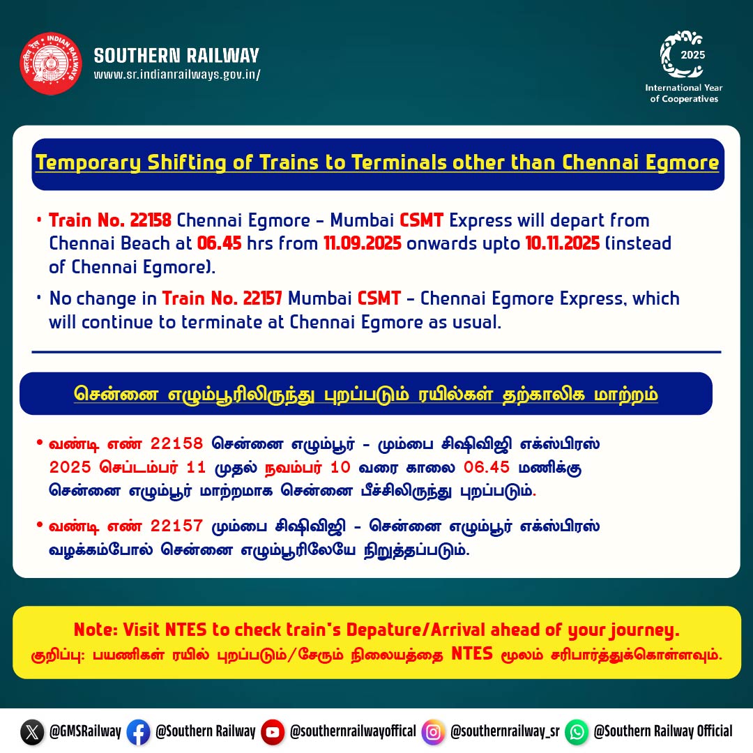 GMSRailway's tweet photo. Travel Alert!
 
#Chennai Egmore - #Mumbai CSMT Express (22158) will depart from Chennai Beach (06:45 hrs) from Sep 11 - Nov 10, 2025. No change for 22157.

Kindly verify on NTES! 

#SouthernRailway #CSMTExpress #Egmore https://t.co/VEGc6LaO4U