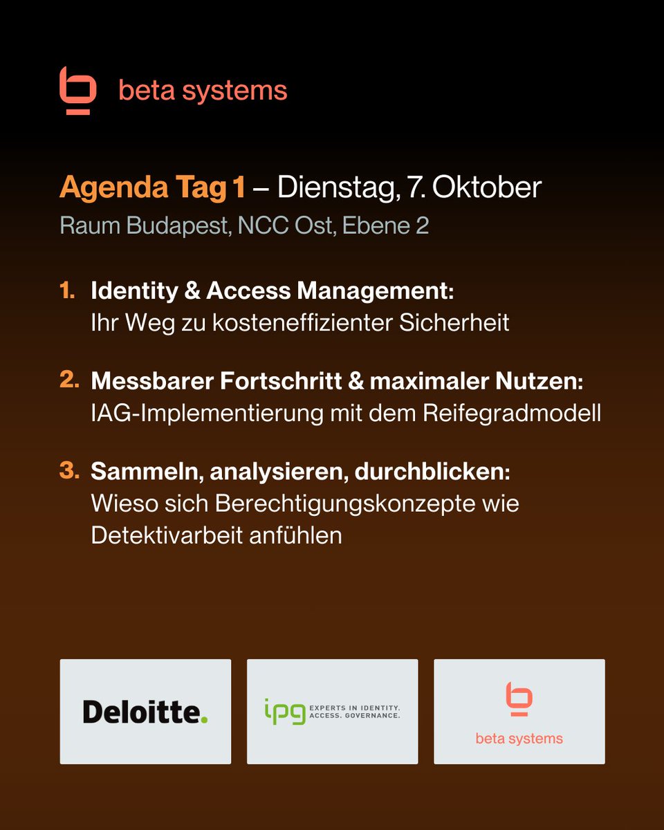 Beta Systems (@betasystems) on Twitter photo Neben unserem Messeauftritt auf der <a href="/itsa_ITSecurity/">it-sa - Home of IT Security</a> 2025 in Nürnberg haben wir auch ein spannendes Vortragsprogramm für Sie vorbereitet. 🎤
📍 Tag 1 – Dienstag, 7. Oktober | Raum Budapest, NCC Ost
🕜 14:30 – 15:05
„Identity & Access Management: Ihr Weg zu kosteneffizienter Neben unserem Messeauftritt auf der <a href="/itsa_ITSecurity/">it-sa - Home of IT Security</a> 2025 in Nürnberg haben wir auch ein spannendes Vortragsprogramm für Sie vorbereitet. 🎤
📍 Tag 1 – Dienstag, 7. Oktober | Raum Budapest, NCC Ost
🕜 14:30 – 15:05
„Identity & Access Management: Ihr Weg zu kosteneffizienter