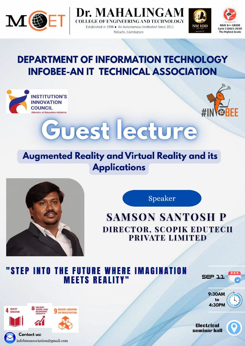 mcetit's tweet photo. The Department of Information Technology, INFOBEE – An IT Technical Association, organizes a Guest Lecture on “Augmented Reality and Virtual Reality and its Applications” on 11.09.2025 at Electrical Seminar Hall. https://t.co/RF0X8QXWaU