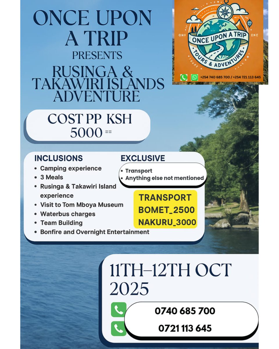 Onceuponatrip1's tweet photo. This is an opportunity for an escape to the breathtaking islands of Rusinga and Takawiri, where adventure, history, and relaxation come together in perfect harmony. Check out our exciting tour package offers https://t.co/pJD9vdl5W0
