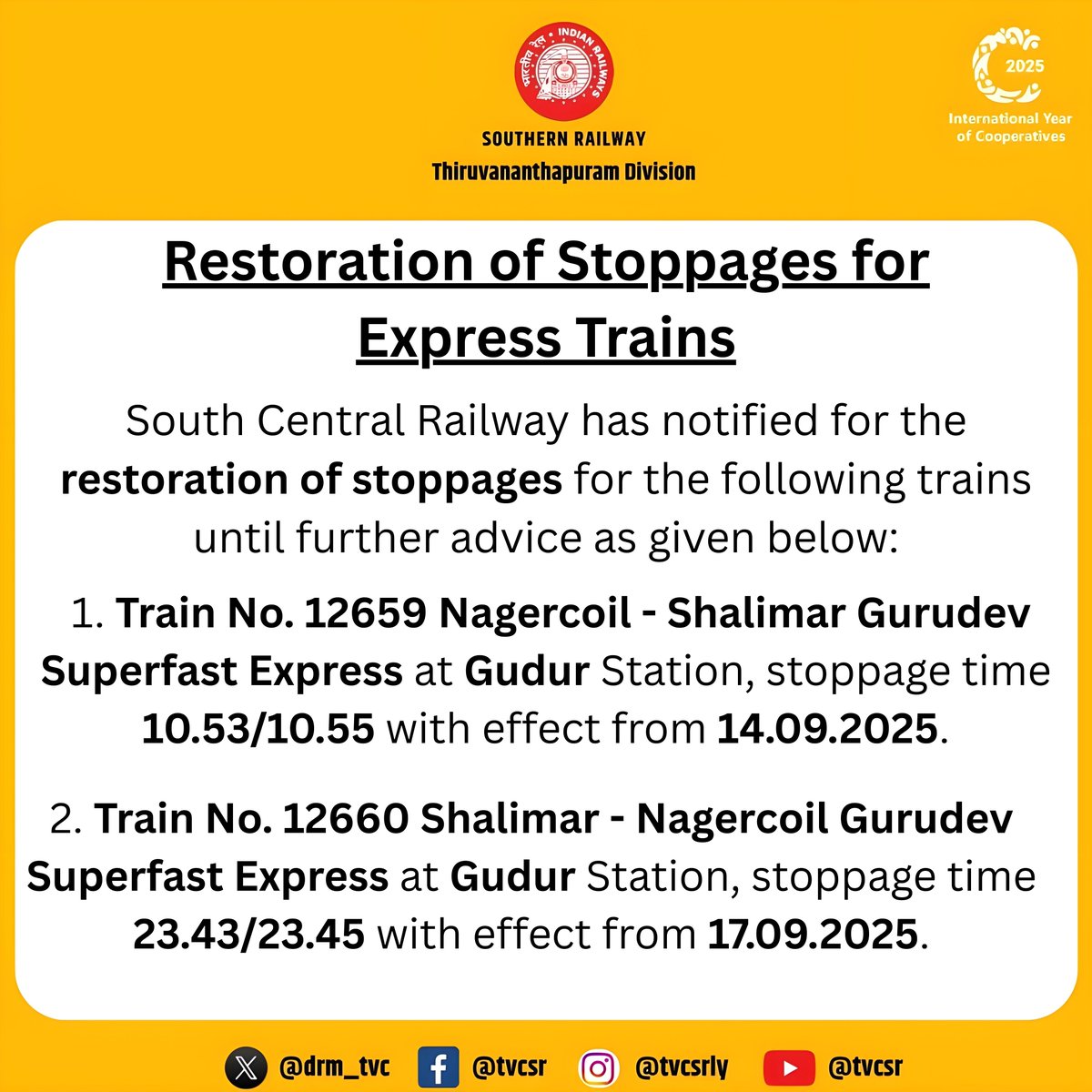 drm_tvc's tweet image. 🚉✨ Good News for Passengers!
More halts, more convenience!
Stoppages for select Express trains have been restored at key stations under South Central Railway.
Travel made easier — just for you! 🙌
📍Effective until further advice.
#SouthernRailway #TrainUpdates #IndianRailways