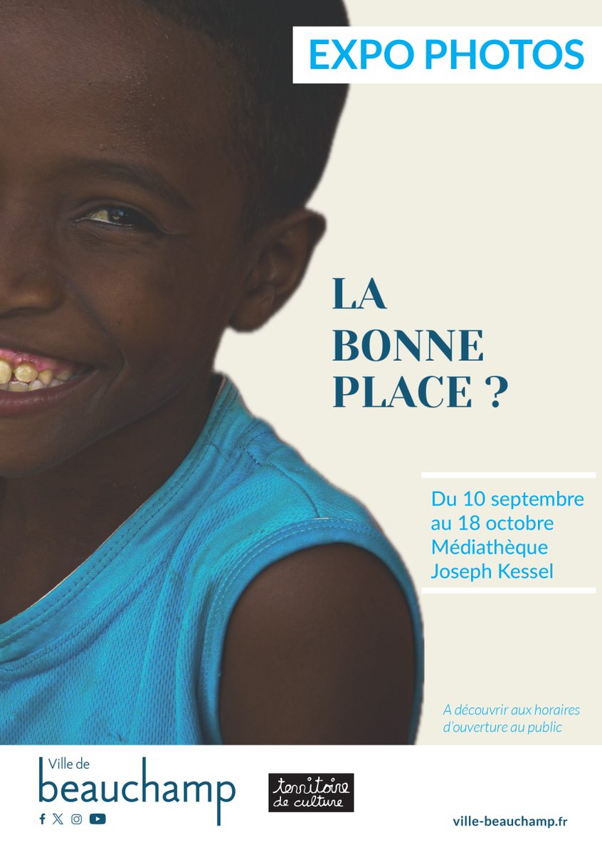 📸 "La bonne place ?"
Du 10 sept au 18 oct, la médiathèque Joseph Kessel accueille l’expo photos de Fiona Perrin, réalisée à Madagascar.
Un regard sensible sur des rencontres et des instants de vie.

🎉 Vernissage : 20 sept à 12h
ℹ️ Détails 👉 ville-beauchamp.fr/agenda/exposit…