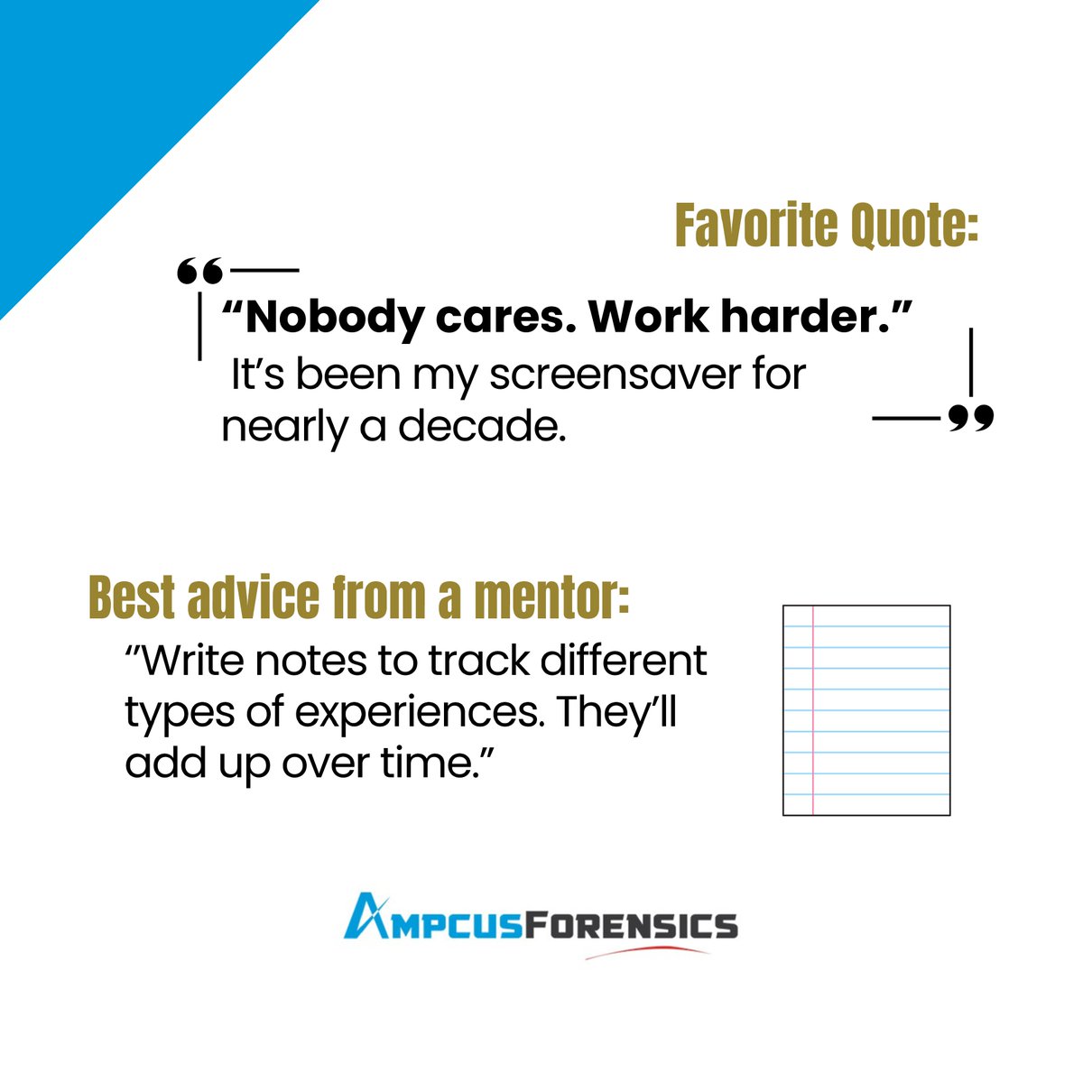 AmpcusForensics's tweet image. Our go-to for movie trivia. Cool under pressure. Always reading between the line(-item)s.👨‍💻

From his knowledge of numbers to the fearless way he embraces technology to his strategic mind, Grant Mizel always gives💯% to his clients AND the team. 

Thanks for all you do, Mizel.🫡