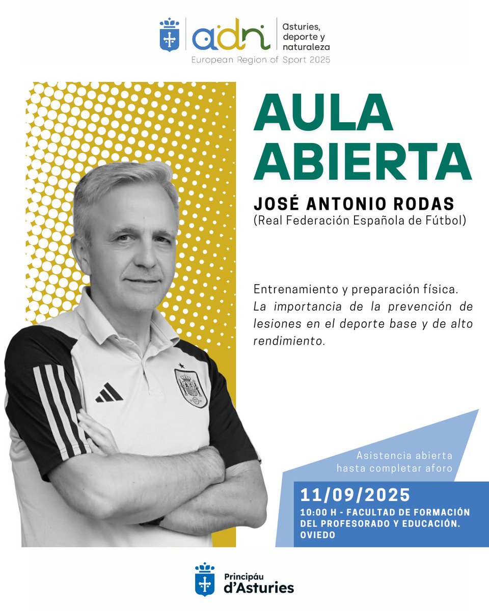 ¡Llega la primera Aula Abierta del programa ADN Asturias! ✨
Dirigida a profesionales, deportistas y dirigentes, e impartida por José Antonio Rodas, será retransmitida en streaming ​📽️ y posteriormente añadida a la Web adnasturies.com/aula-abierta/

<a href="/culturaAST/">Conseyería de Cultura, P. Llingüística y Deporte</a>