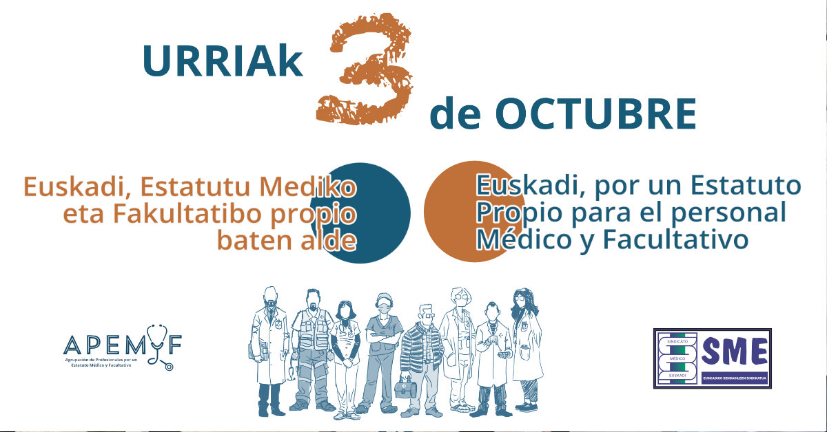 Euskadi, por un Estatuto Propio para el personal Médico y Facultativo.
Euskadi, Estatutu Mediko eta Fakultatibo propio baten alde.
#NuestraPropiaMesa #UnaMesaUnEstatuto #BatasBlancas #EstatutoMedico #EstatutoPropio