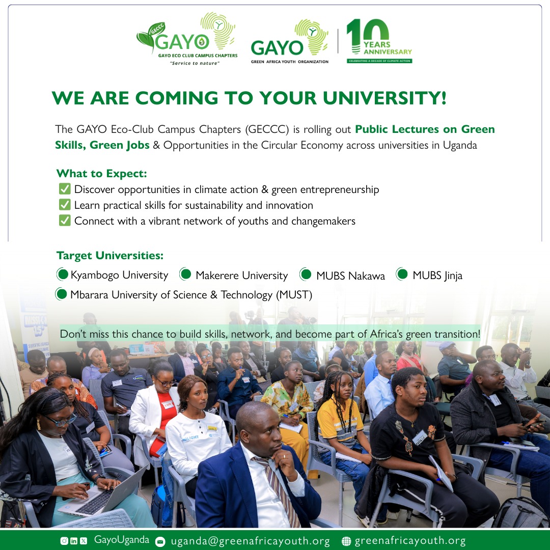 GAYOUgECCC's tweet image. The GAYO Eco Club Campus Chapters is coming to your University. 
Get ready for public lectures on #Greenskills #Greenjobs and #CircularEconomy
📍 Makerere| Kyambogo| MUBS Nakawa| MUBS Jinja |MUST