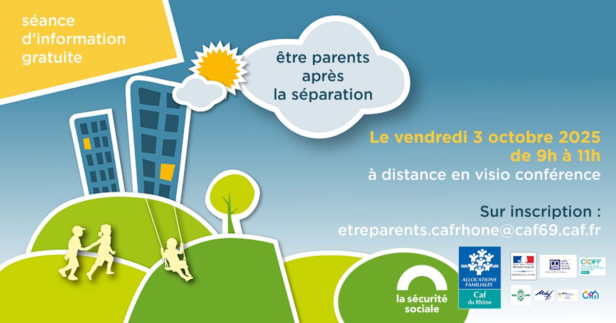#parentalité

Prochaine séance d’information collective « Être parents après la séparation » organisée par la Caf et ses partenaires 🗓️ le vendredi 3 octobre 2025 de 9h à 11h à distance en visioconférence                       

+ d'infos 👉 caf.fr/allocataires/c…