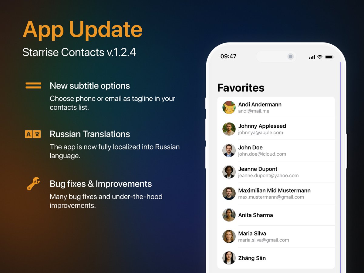 StarriseApps's tweet photo. 🚀 #StarriseContacts V.1.2.4 is live!
- New tagline: phone or email 📞✉️
- Russian localization 🇷🇺
- Bug fixes & improvements 🔧
📲 Update now! #iPhone17 #iOS #ContactsApp #Contacts #PersonalCRM #CRM #iOSApp #AppUpdate https://t.co/lHQOhYB438
