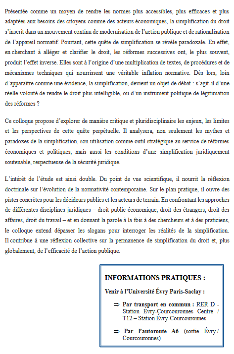 📣🔜 "La quête d'une simplification du droit : enjeux, paradoxes et perspectives" - Colloque organisé par MM. Pierre-Alexandre Baubron et Zohe Tehe, le jeudi 16 octobre prochain, à l'université d’Évry Paris-Saclay.