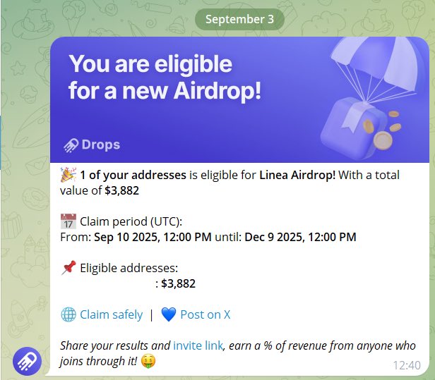 SecretoDefi's tweet photo. Ya no me perderé ni un Airdrop más ❌

Desde que vinculé la wallet con Drops Airdrop Checker no paro de recibir las alertas de elegibilidad sin tener que estar pendiente

Añades tu wallet y en cuanto eres elegible tienes tu notificación por Telegram

Hoy serán casi 4000$ (si todo va bien)del Airdrop de $LINEA 🪂

¿Nada mal no?

Podéis probarlo aquí > https://t.co/WDpd7BhFqq

¿Cómo van esos nervios pre-TGE? 😳