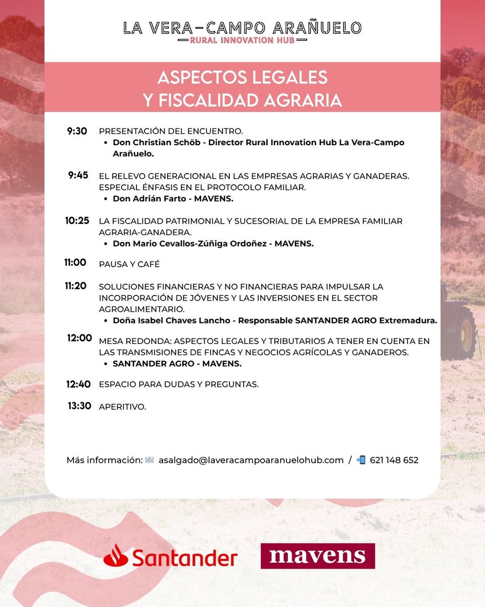 ⏳📢 ¡Últimos días para inscribirte!

🗣️ Desde #LVCAHub te recordamos que aún estás a tiempo de asistir al encuentro gratuito "Aspectos Legales y Fiscalidad Agraria", que celebraremos con la colaboración de <a href="/santander_es/">Santander España</a> y <a href="/mavens_online/">Mavens</a> 

Inscríbete 👇🏻 docs.google.com/forms/d/e/1FAI…
