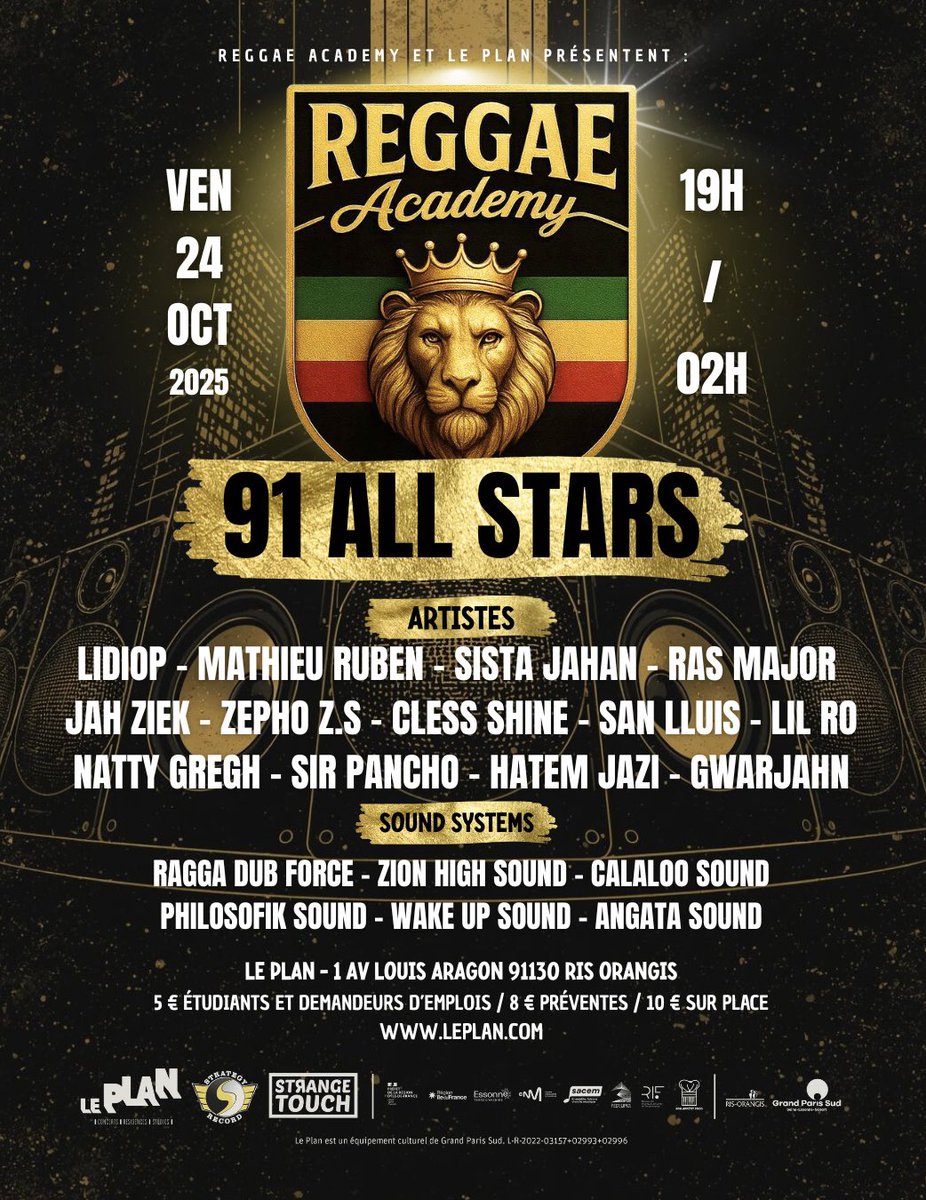 reggaeacademy's tweet image. 🚨 Reggae Academy 91 All Stars
La scène reggae/dancehall de l’Essonne en mode big vibes 🔥
📍 Rendez-vous pour une soirée unique !

#ReggaeAcademy #91AllStars #Reggae #Dancehall