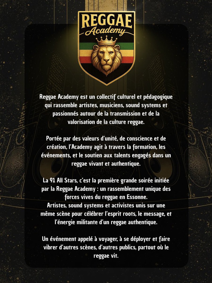 reggaeacademy's tweet image. Unité – Transmission – Culture
La Reggae Academy 91 All Stars réunit artistes &amp;amp; sounds du 91 pour une vibes authentique 🔥
👉 Affiche officielle ci-dessous !

#ReggaeAcademy #91AllStars #ReggaeVibes