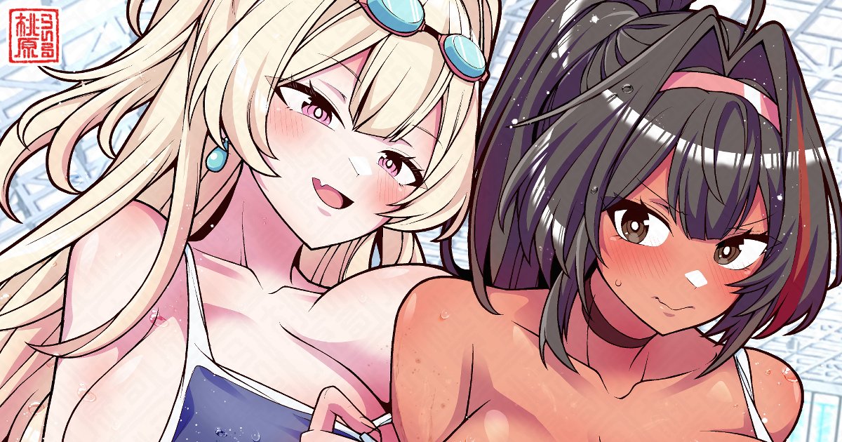 『夏だ!ニケだ!スク水だ!NIKKEらくがきスク水合同』に
寄稿させて頂いたスク水のベイとクレイ～🍑🤩✨
全体図をpixivに、剥いて揉んじゃう差分などを支援サイトに
アップしました～(∩'∀`)∩💕 