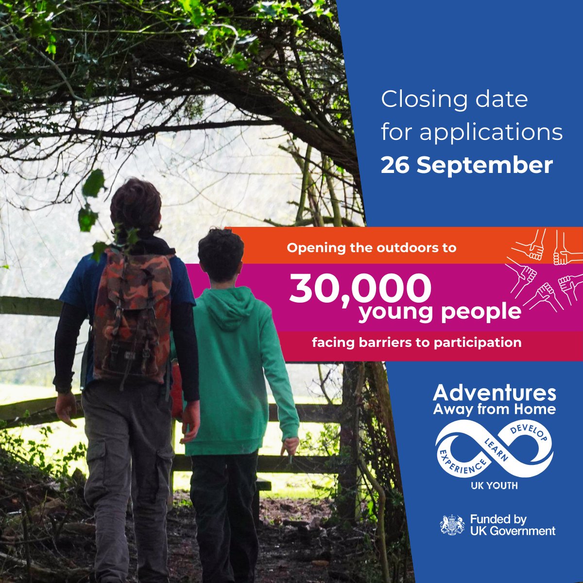 UKYouth's tweet photo. 🌳 Adventures Away from Home is back for 2025/26!

We're proud to deliver the £4.7m #Adventures Away from Home Fund in partnership with @DCMS — supporting up to 30,000 young people across England to improve their #Wellbeing and #LifeSkills through #OutdoorLearning.

We’re calling on charities and not-for-profit outdoor providers to help us make nature-based experiences accessible for all — especially those from disadvantaged or underrepresented backgrounds.

📅 Apply by 10am, Fri 26 Sept 2025
🌱 Help remove barriers. Change lives.
👉 Find out more & apply: https://t.co/8XjqaoMjIG

@IOLOutdoorProfs