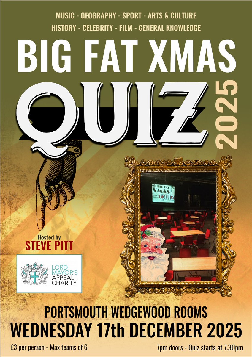 🌟Just Confirmed🌟 The Big Fat Xmas Quiz returns to the Wedge on Wednesday 17th December! Join us for an evening of trivia and fun times with your host Steve Pitt – all proceeds to Lord Mayor’s Appeal Charity🎅

£3 per person, no more than 6 to a team – Get your revision on!