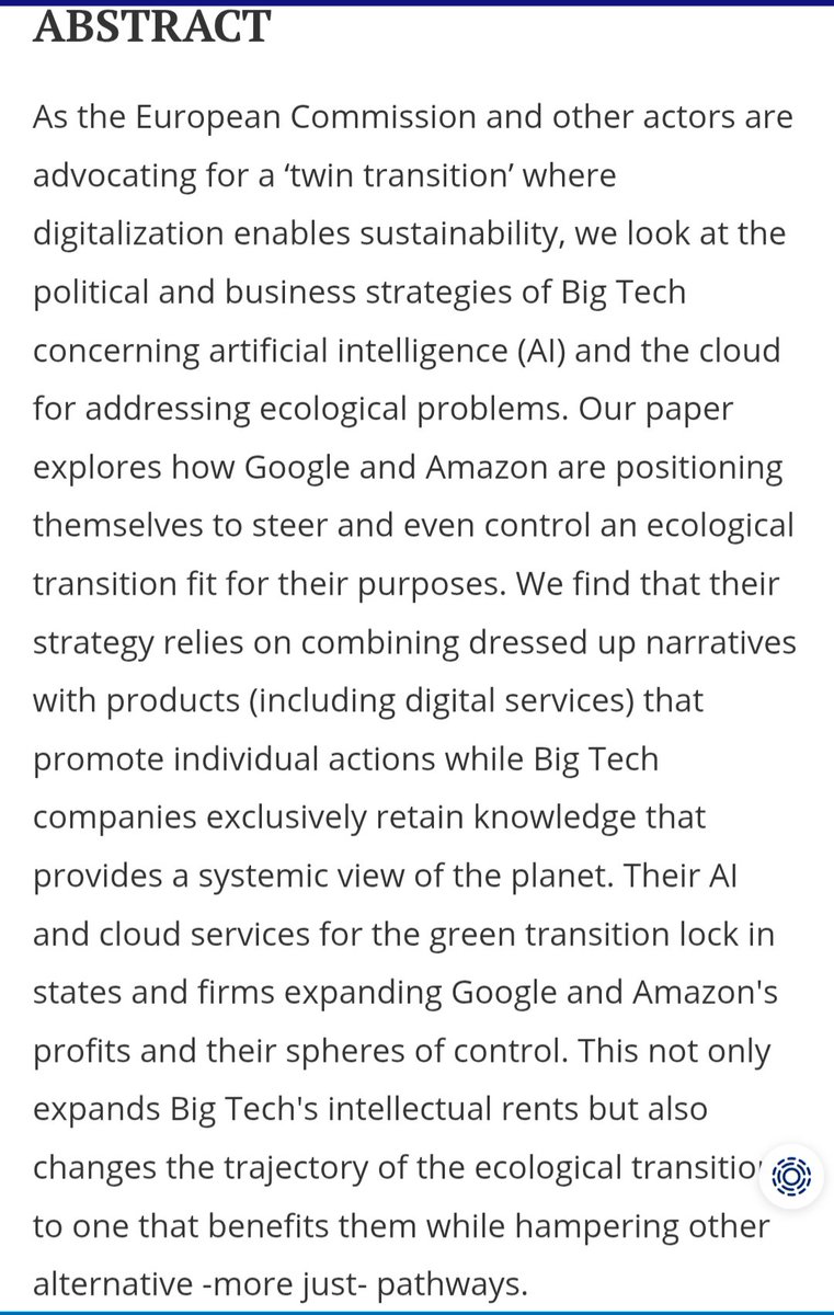 We know that #BigTech consumes too much energy &amp; water. What was missed is that they are also attempting to control ecological transition paths turning govs &amp; societies even more dependent on them

This is the main finding of my new paper w/ <a href="/SilviaWeko/">Silvia Weko</a> 

tandfonline.com/doi/full/10.10…