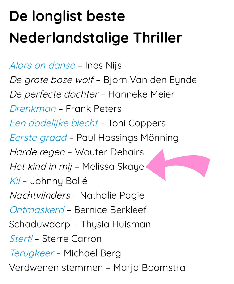 "Het kind in mij" staat op de longlist MAX Gouden Vleermuis voor Beste Nederlandstalige thriller 🤩

#hetkindinmij #melissaskaye #irmariapennekamp #wilimminkdesign #nederlandsthrillerfestival #uitgeverijneckar

boekenkrant.com/longlists-max-…