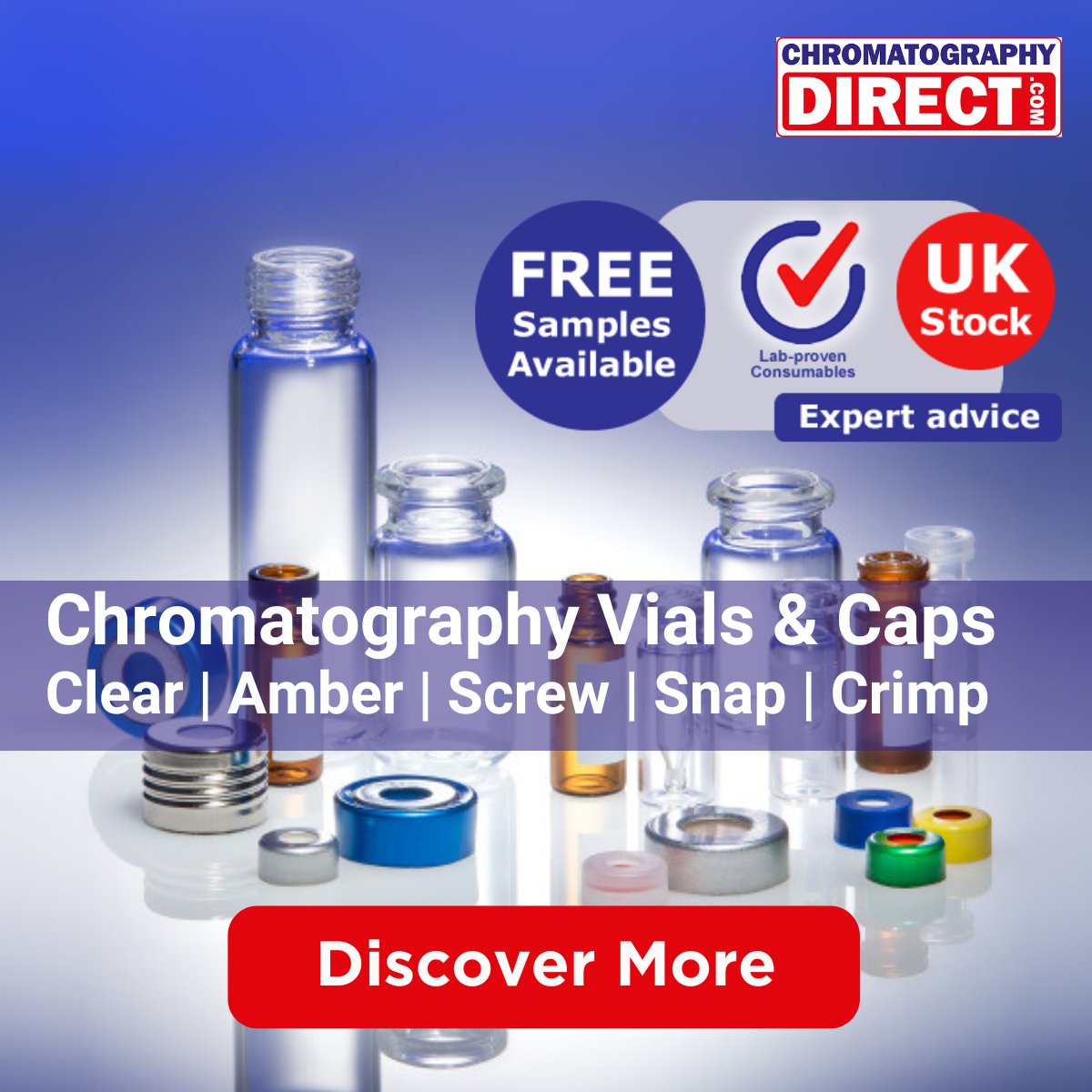 ChromDirect's tweet image. Restock your autosampler with our high-quality vials & caps—clear or amber, screw, snap or crimp. Free samples available & shipping from our UK warehouse! #LabSupplies #Chromatography #FreeSamples bit.ly/3JXEOu6