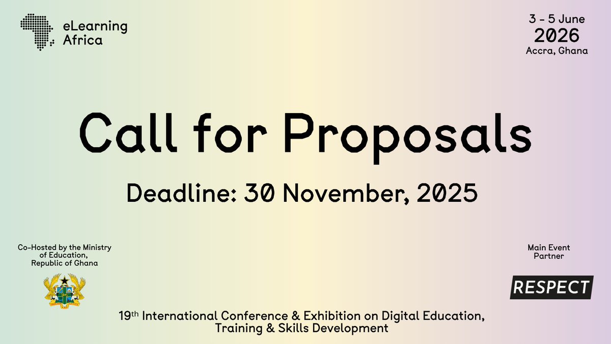 eLAconference's tweet photo. We’re excited to announce the Call for Proposals for eLearning Africa 2026 in Accra, Ghana 🇬🇭!

Theme: “Africa’s Time, Africa’s Terms: Learning for Sovereignty, Strength and Solidarity”

🗓️ Submit your proposal by 30 November 2025

👉https://t.co/97X1QEr2VA

#eLearningAfrica #EdTech #DigitalLearning