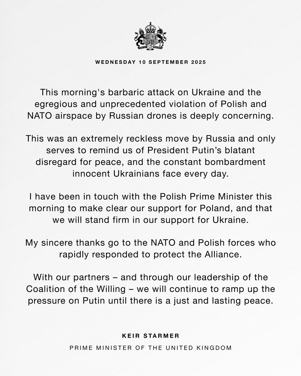 This morning's barbaric attack on Ukraine and the egregious and unprecedented violation of Polish and NATO airspace by Russian drones is deeply concerning.