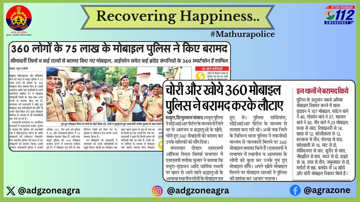 ADG ZONE AGRA (@adgzoneagra) on Twitter photo Recovering Happiness.........  
मथुरा पुलिस द्वारा गुम/गिरे कुल 360 मोबाईल (अनुमानित कीमत करीब 01 करोड़ रूपये) बरामद कर, मोबाइल स्वामियों के सपुर्द किये।  
#UPPInNews 
#UPPInNewsCops 
#GoodWorkUpp 
#agrazonepolice Recovering Happiness.........  
मथुरा पुलिस द्वारा गुम/गिरे कुल 360 मोबाईल (अनुमानित कीमत करीब 01 करोड़ रूपये) बरामद कर, मोबाइल स्वामियों के सपुर्द किये।  
#UPPInNews 
#UPPInNewsCops 
#GoodWorkUpp 
#agrazonepolice
