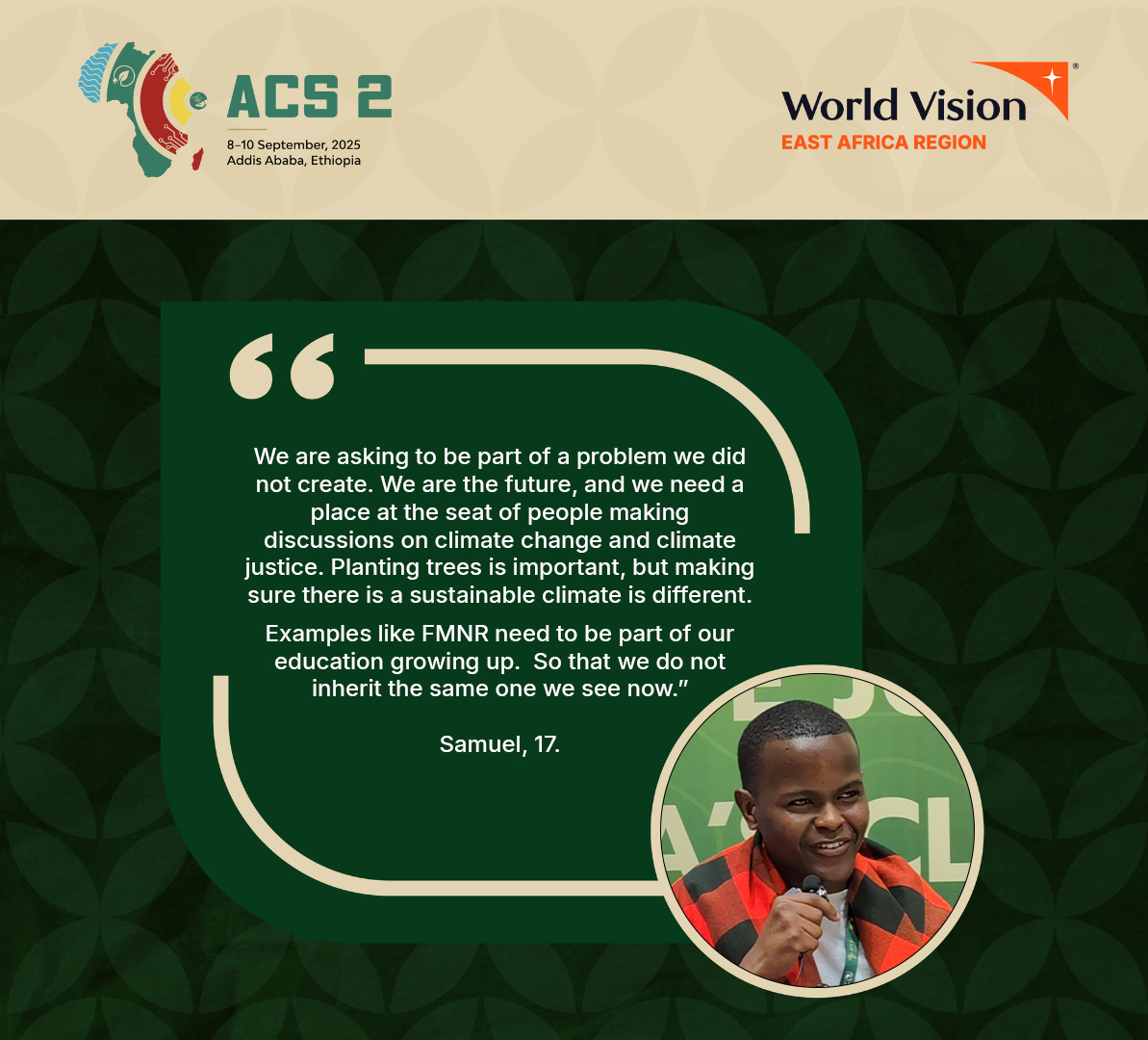 World Vision East Africa (@worldvisionearo) on Twitter photo “We are asking to be part of a problem we did not create. We are the future & we need a place at the seat of people making discussions on climate change & climate justice.” - Samuel,17, Kenya.
🌍 True climate justice means giving children a voice in the decisions that shape their “We are asking to be part of a problem we did not create. We are the future & we need a place at the seat of people making discussions on climate change & climate justice.” - Samuel,17, Kenya.
🌍 True climate justice means giving children a voice in the decisions that shape their