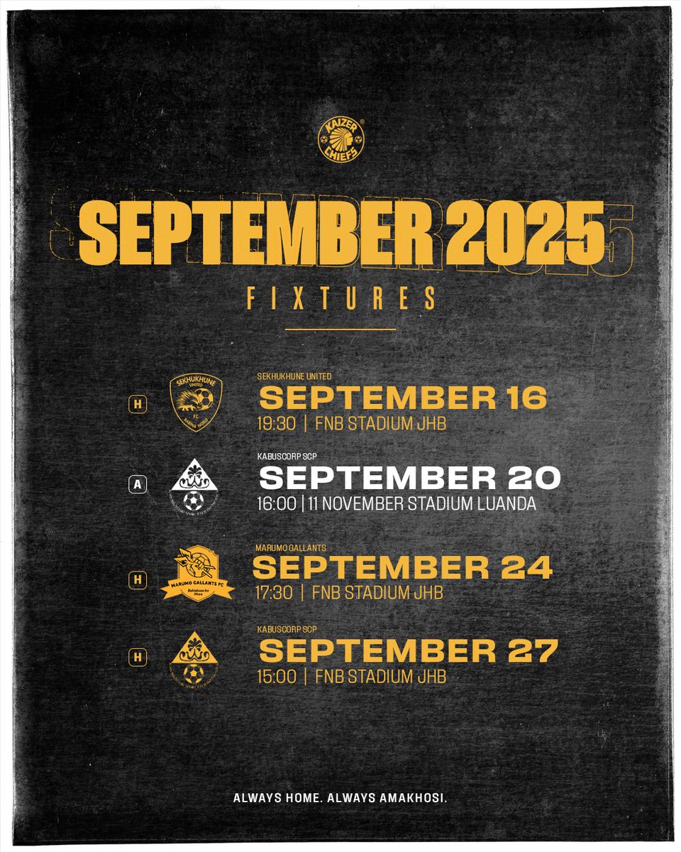 September 2025 Fixtures ❤️✌️

#Amakhosi4Life #AlwaysHome