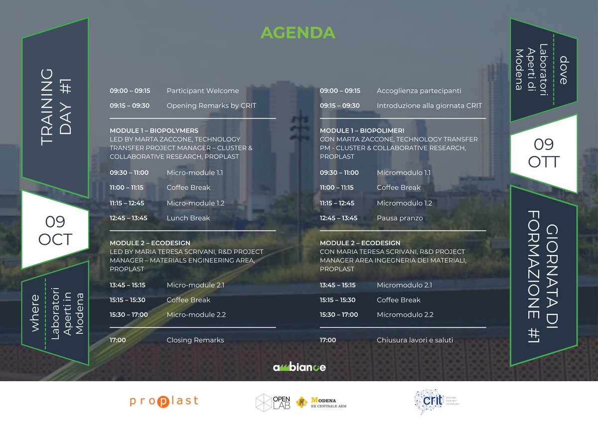 📅 Just 1 month to go!

Join us in Modena on October 9th for "Biopolymers and Ecodesign: A Training Day for Sustainable Industry".

What's in it for you:
🟢 A deep dive into #Biopolymers: characteristics, applications, regulations, and research trends.
🟢 A practical introduction