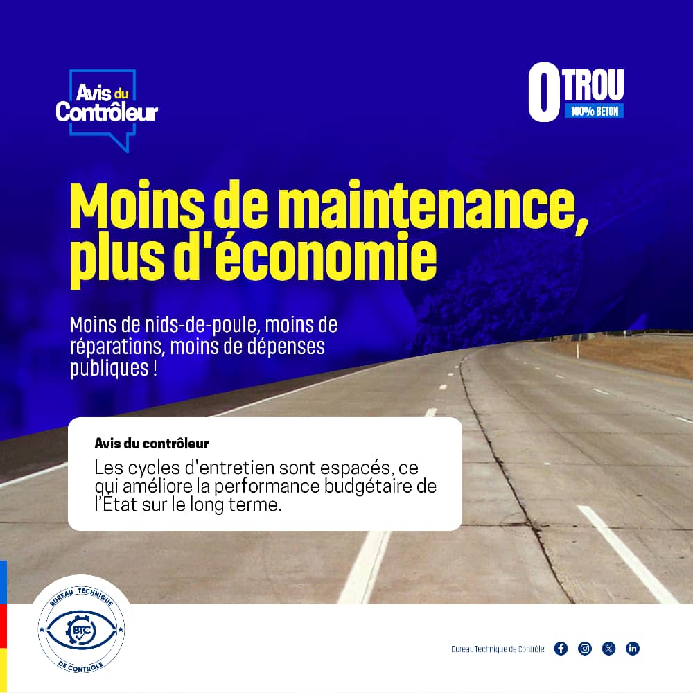 AVIS DU CONTRÔLEUR 

Comme sur 1 terrain de football, où chaque passe bien calculée évite ls pertes de ballon, le Bureau Technique de Contrôle veille à ce que chaque ouvrage public soit construit dans ls règles de l’art.
Moins de nids-de-poule, moins de… x.com/i/web/status/1…