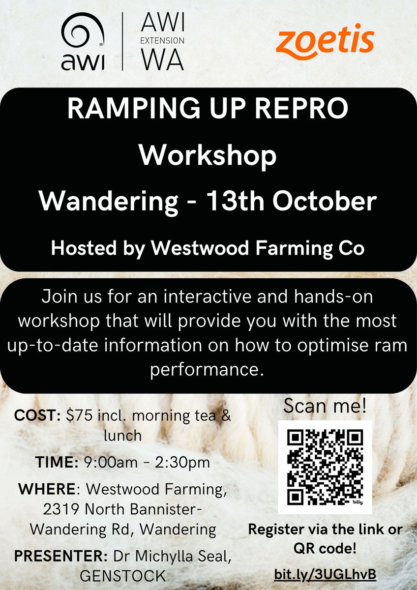 Wandering and surroundings - Boost Your Ram Team’s Performance! 🐑 

The hugely popular RAMping up Repro workshop is coming to Wandering. 

Registration is essential and spaces are limited, so get in quick 👉 bit.ly/3UGLhvB 
<a href="/woolinnovation/">Australian Wool Innovation</a> <a href="/MicGenstock/">Genstock WA</a>