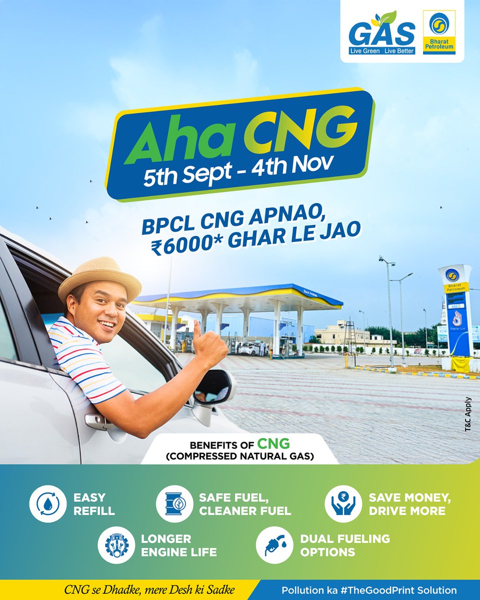 Turn every drive into a win with BPCL CNG! 

Get free CNG fuel vouchers worth ₹6000* when you convert your vehicle to CNG or buy a new CNG vehicle between 5th Sept – 4th Nov 2025.

More mileage. More savings. Cleaner fuel. Longer engine life.
With BPCL CNG, it’s not just a fuel