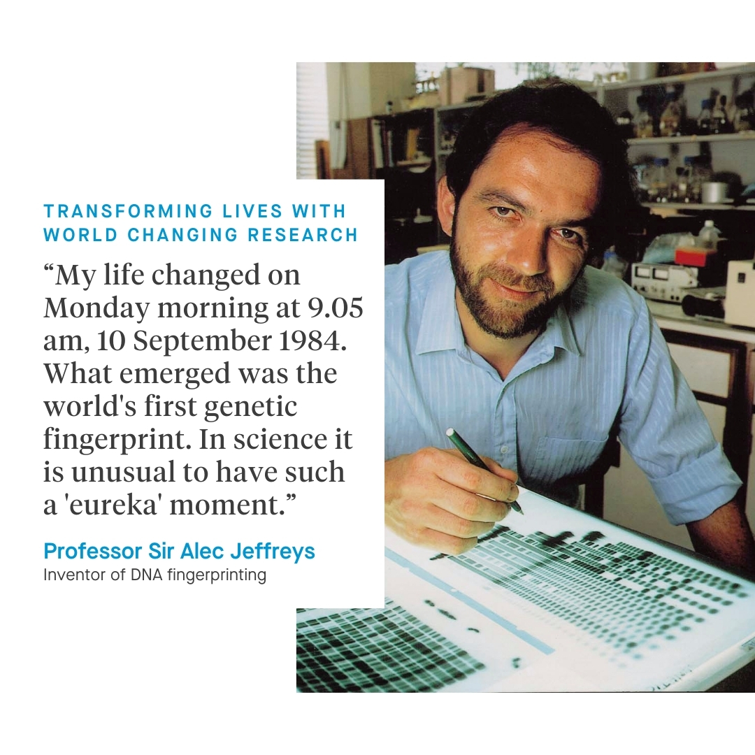 41 years ago today, Prof Sir Alec Jeffreys made history at Leicester with the discovery of DNA fingerprinting. 🧬A breakthrough that changed science and justice worldwide.

Watch ITV’s dramatisation - Code of a Killer: itv.com/watch/code-of-…

#CitizensOfChange #DNA41 #MadeAtUni