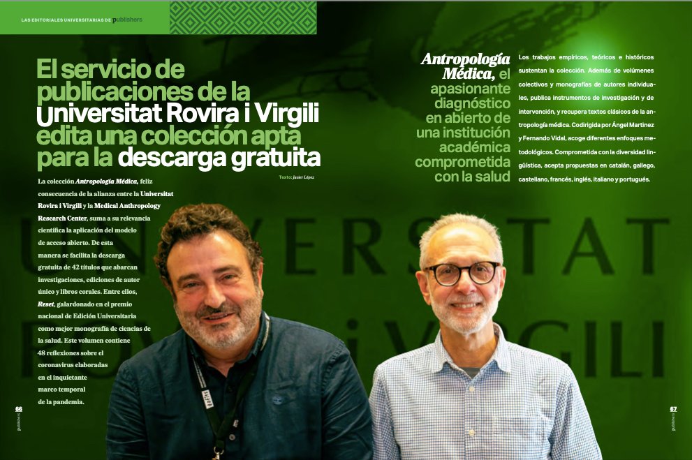 unelibros's tweet image. 📌🗞📰 @PublicacionsURV edita una colección apta para la descarga gratuita. Antropología Médica, el apasionante diagnóstico en abierto de una institución académica comprometida con la salud.

👀 Lee el reportaje completo en @publishersmag. une.es/el-servicio-de……