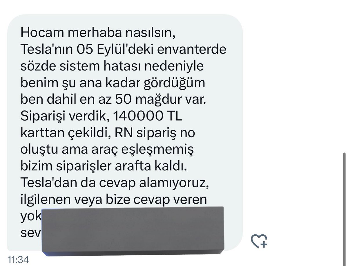 05 Eylül’deki envanter satışında “sistem hatası” gerekçesiyle en az 50 kişi ödemesini yaptı (140.000 TL çekildi, RN numarası oluştu) ancak araç eşleşmesi yapılmadı.

❌ Araçlar hesaplardan kayboldu
❌ Tesla’dan hâlâ net bir açıklama yok

Birçok kişi bu durumun, daha önce de