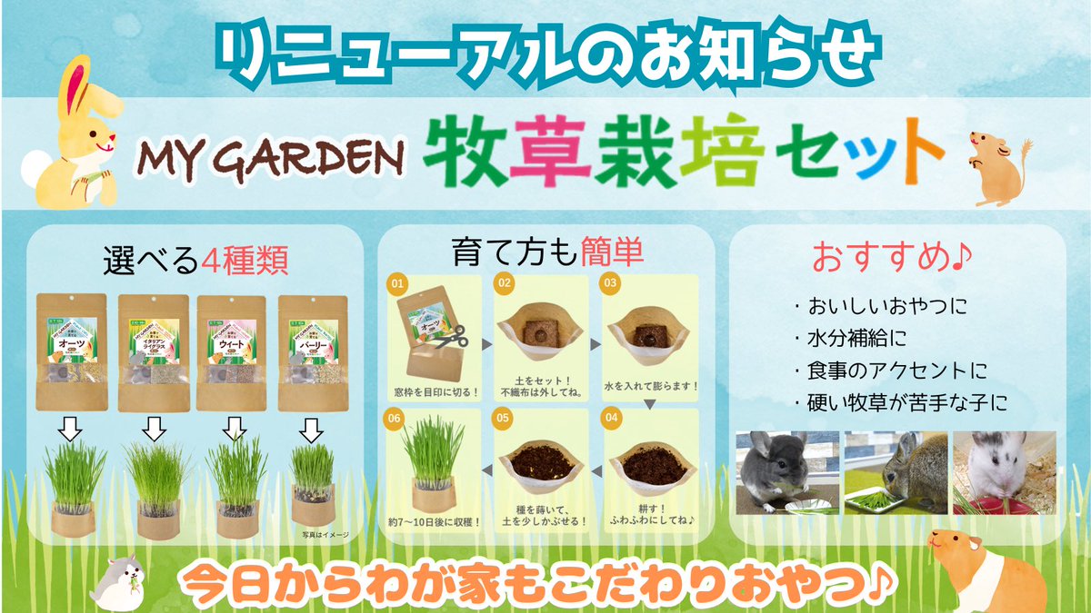 【2025年秋　新商品NEWS】

🐰育てやすく、食べやすい。こだわりの自然派おやつを育ててみませんか？🐹
#マイガーデン #牧草栽培セット

育てやすいイネ科から4種類をピックアップし、袋形状も変更したりと…
以前よりもより始めやすくなりました！

詳しくはこちら！
yeaster.co.jp/d/mygarden/ind…