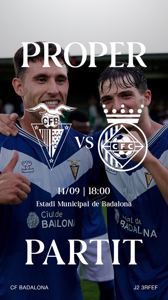 💙​ 𝗣𝗥𝗢𝗣𝗘𝗥 𝗣𝗔𝗥𝗧𝗜𝗧!

🗓️​ J2 | 3RFEF
🆚 <a href="/CERDANYOLAFC/">CERDANYOLA VALLÈS FC 💚</a> 
🏟️ Estadi Municipal de Badalona
⏰ 18:00h
🎟️​ Entrada general 5€ | Tribuna 10€
🪪​ Per aquest partit serà vàlid el carnet de la temporada passada
📲 Minut a minut <a href="/cfbadalonasad/">CF Badalona SAD Oficial</a> 
 📻 Ràdio Ciutat de Badalona