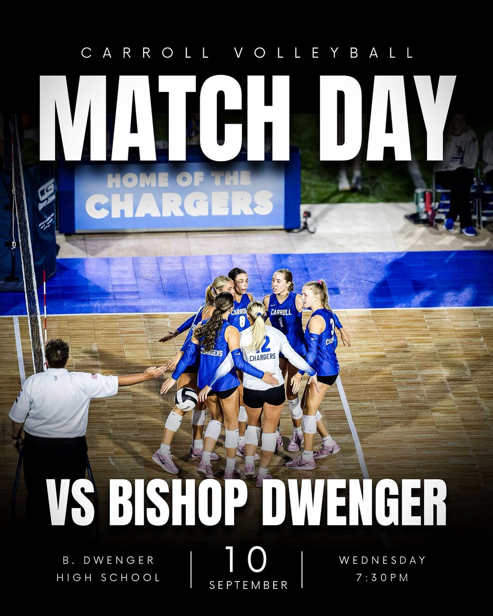 Chargers_vball's tweet photo. Back-to-back action! Carroll Volleyball is back on the court tonight as we face off against Bishop Dwenger!

🆚 Bishop Dwenger
🗓️ Wednesday, September 10th
📍 Bishop Dwenger High School
⌚️ (F/JV) 6:00PM (V) 7:30PM
🎟️ https://t.co/RQPN8eFVKk

📸: @LeverageP https://t.co/ylbyC9UVjZ