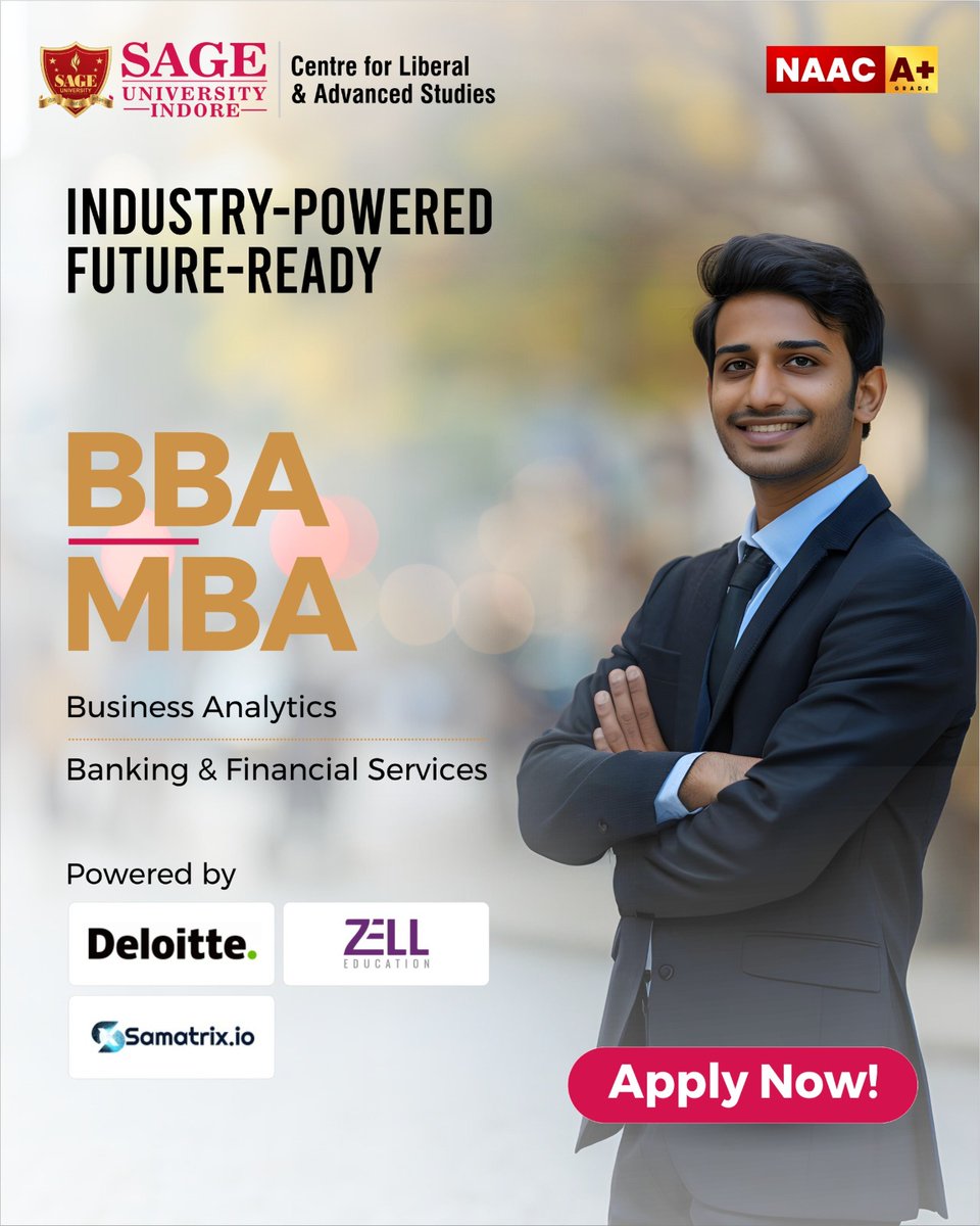 SAGE_INDORE's tweet photo. At the Centre for Liberal &amp; Advanced Studies. Our BBA &amp; MBA in Business Analytics &amp; Banking &amp; Financial Services are tailored to meet industry expectations &amp; prepare you for impactful careers.

Admissions closing soon, Apply now!
__
#SAGEUniversityIndore #ManagementStudies https://t.co/HaUNm6exTv