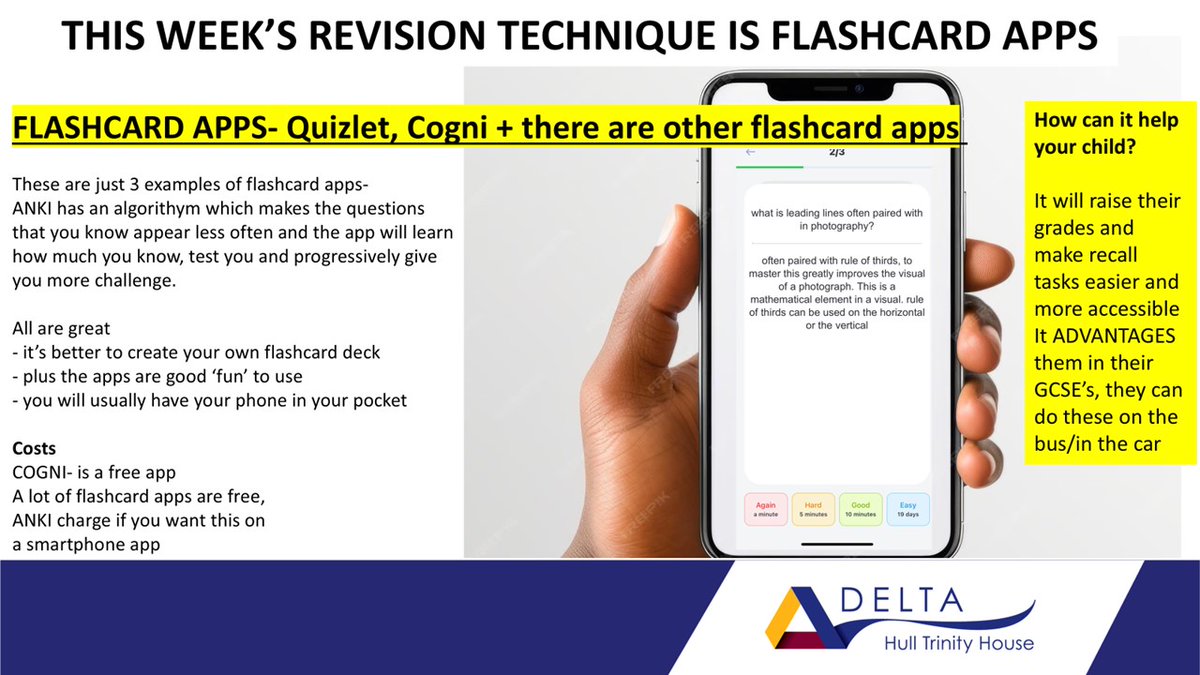 DeltaHTHA's tweet image. This week’s #RevisionTip: FLASHCARD APPS!
Quizlet, Anki, Cogni + more can boost recall, make revision fun, and fit right in your pocket. Perfect for GCSE prep on the go 📚 #StudyTips #GCSEs #Revision