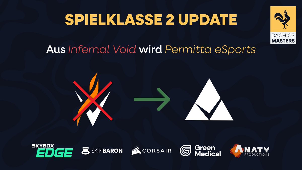 DACH CS Masters (@dachcs) on Twitter photo +++ SPIELKLASSE 2 UPDATE +++
Mit der gestrigen Auflösung von <a href="/InfernalVoid_IV/">Infernal Void</a>, setzt das Team rund um <a href="/olivR__/">olivR</a> die Reise nun bei einem bereits bekannten Gesicht weiter fort! 👀
Aus <a href="/InfernalVoid_IV/">Infernal Void</a> wird <a href="/Permittaesports/">Permitta eSports</a>! 🔄
#DACHCSMasters🐔 +++ SPIELKLASSE 2 UPDATE +++
Mit der gestrigen Auflösung von <a href="/InfernalVoid_IV/">Infernal Void</a>, setzt das Team rund um <a href="/olivR__/">olivR</a> die Reise nun bei einem bereits bekannten Gesicht weiter fort! 👀
Aus <a href="/InfernalVoid_IV/">Infernal Void</a> wird <a href="/Permittaesports/">Permitta eSports</a>! 🔄
#DACHCSMasters🐔