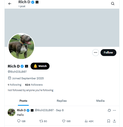 ytrending_xyz's tweet photo. What is #RICHD ? Why it was Trending ?
Mcap : 180K

Rich D ( $RICHD ) is a new Solana meme coin with a market cap of around $180K, inspired by a mysterious X (Twitter) account @RichD3L007 that appeared just 2 days ago. 

The account has an official X verification and affiliation badge, which normally costs $50/month and requires approval.

The account has only 1 post (“Hello”), follows 1 account, has 624 followers, and its purpose is unclear — leading people to wonder if it’s an official X dog/AI mascot or just a clever community stunt.

This mystery plus the verification badge has created hype, Always Dyor 

CA : 74Ho9npPiNSqCCag4gKSBCMa9H1PRAZZFosqpAdypump

X Community : https://t.co/S1zTbV37gu